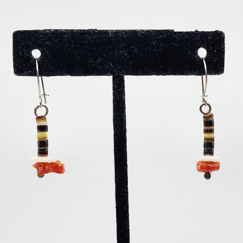 Old Vintage Native American Heishi Bead & Branch Coral Dangle Earrings Handmade